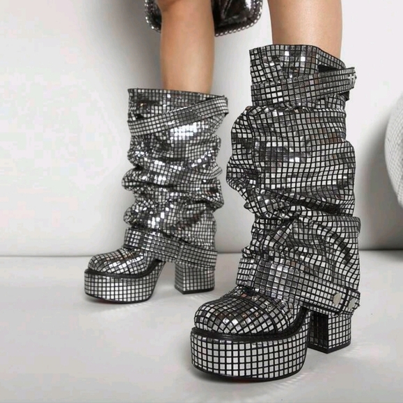 Women's Stylish Sleek Design Silver Glitter Chunky Platform Mid-Calf Boot